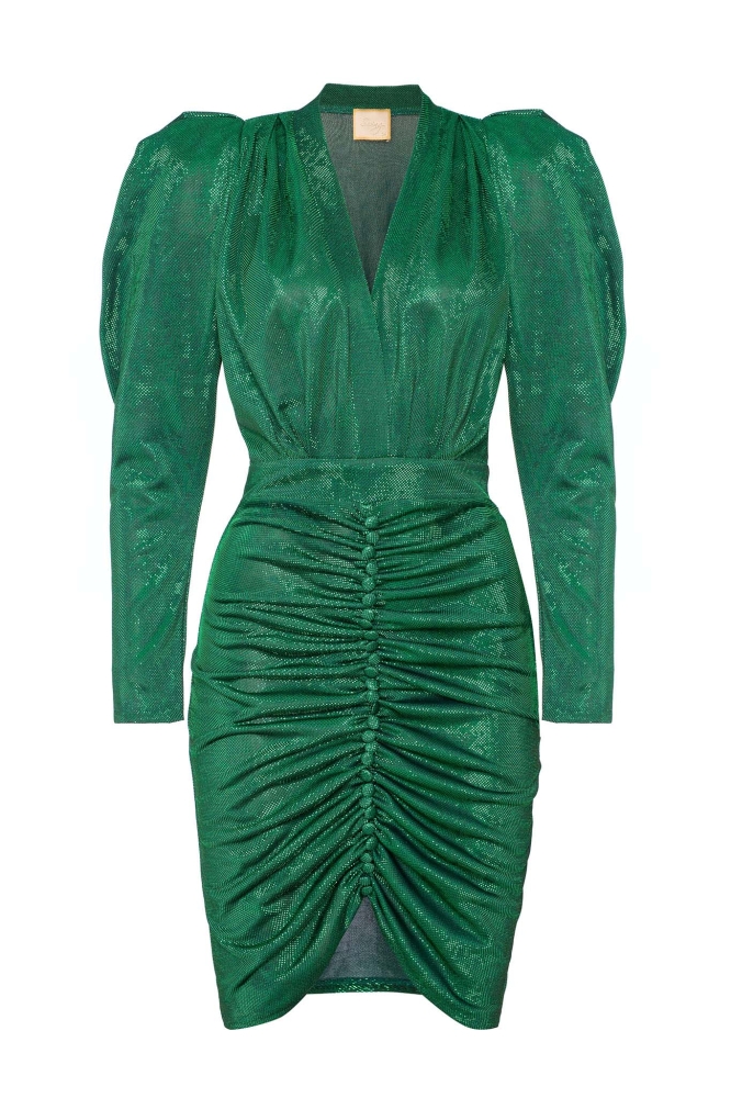 Zielona połyskująca sukienka  z głębokim dekoltem i ozdobną różą Laura Rose  by Swing.jpg