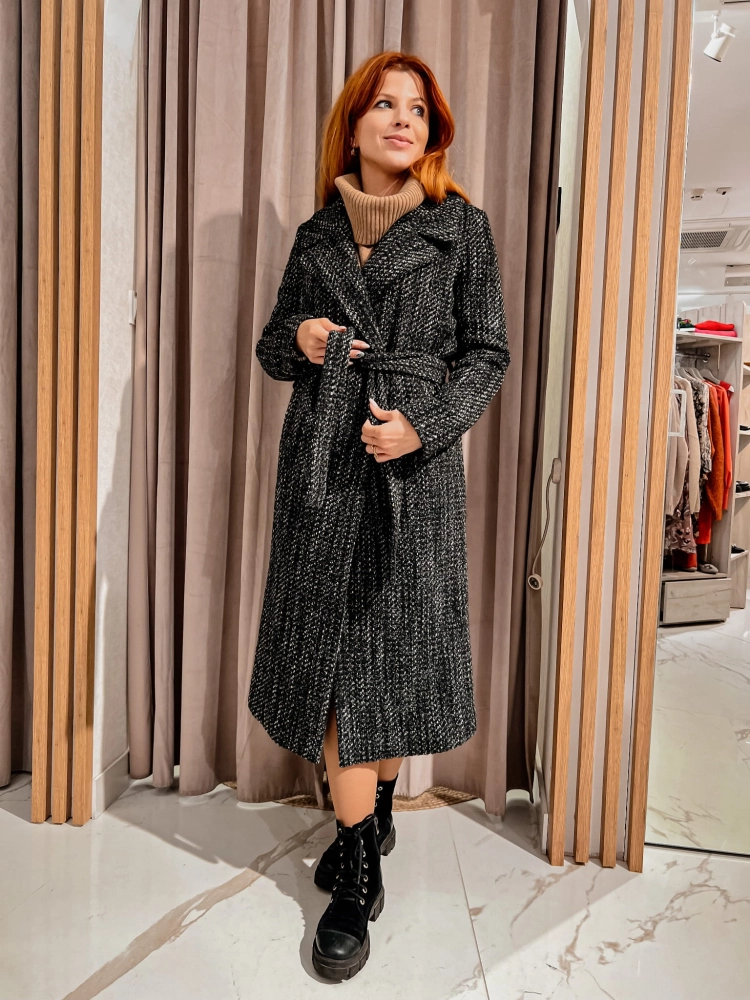 Klasyczny wełniany płaszcz za kolano wiązany paskiem Robe by Swing czarny