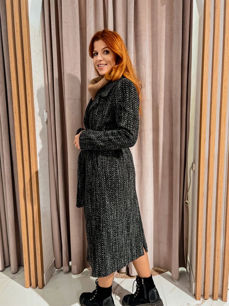Klasyczny wełniany płaszcz za kolano wiązany paskiem Robe by Swing czarny