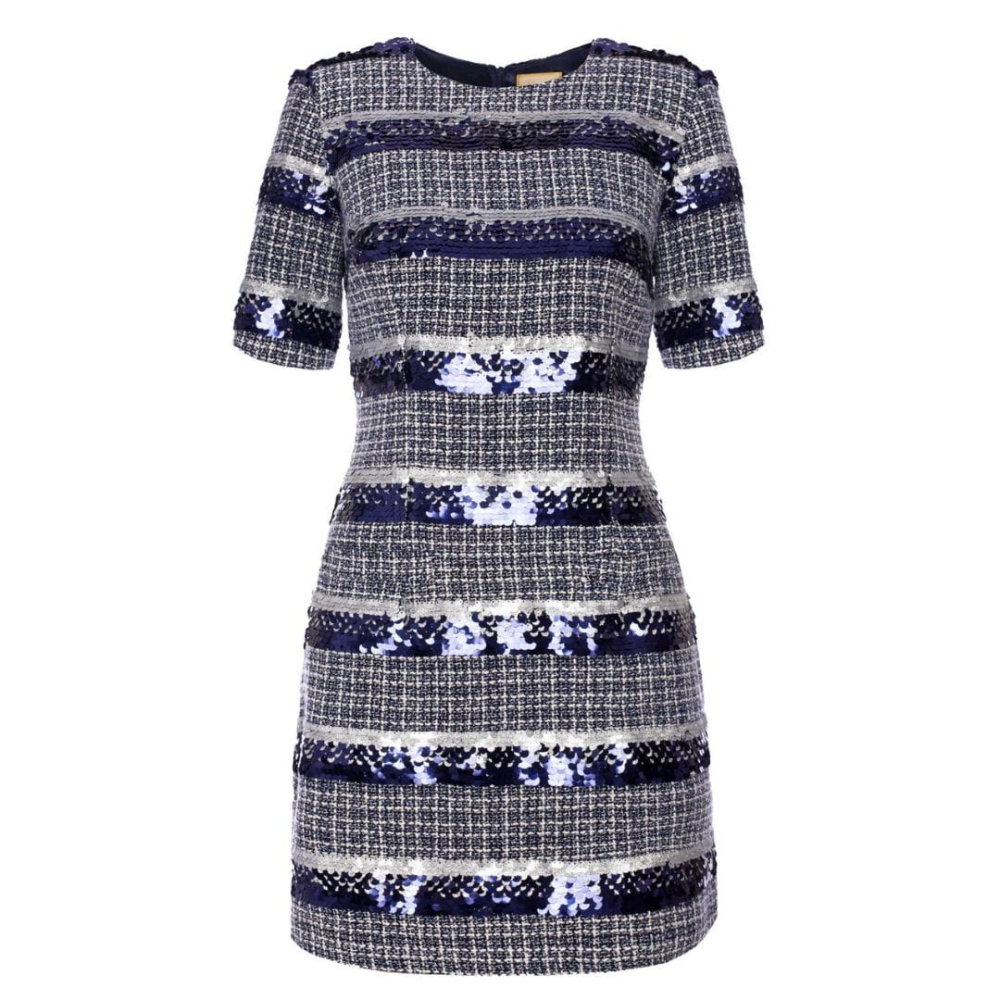 Granatowa tweedowa trapezowa sukienka mini zdobiona cekinami Mindi by Swing