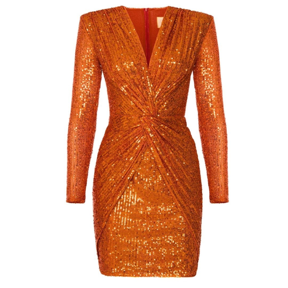Pomarańczowa miedziana cekinowa sukienka z efektownym przekładanym przodem Dolores by Swing piękna sukienka z głębokim dekoltem cekinami i długim cekinowym rękawem dopasowana mini idealna sukienka z cekin dopasowana