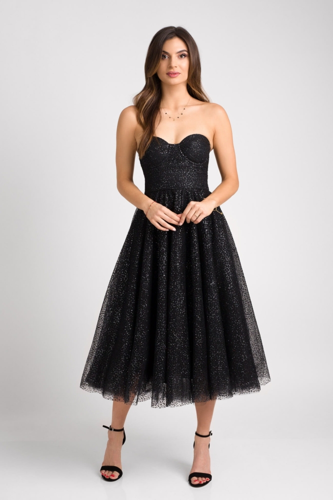 Czarna połyskująca sukienka midi na gorsecie Glamour BLACK by Swing