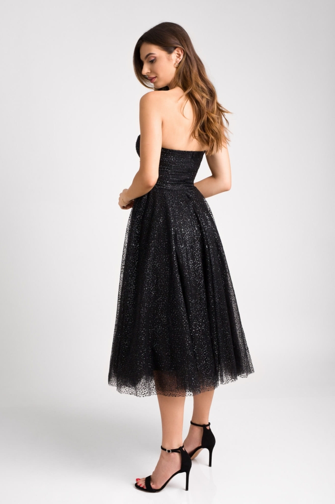 Czarna połyskująca sukienka midi na gorsecie Glamour BLACK by Swing
