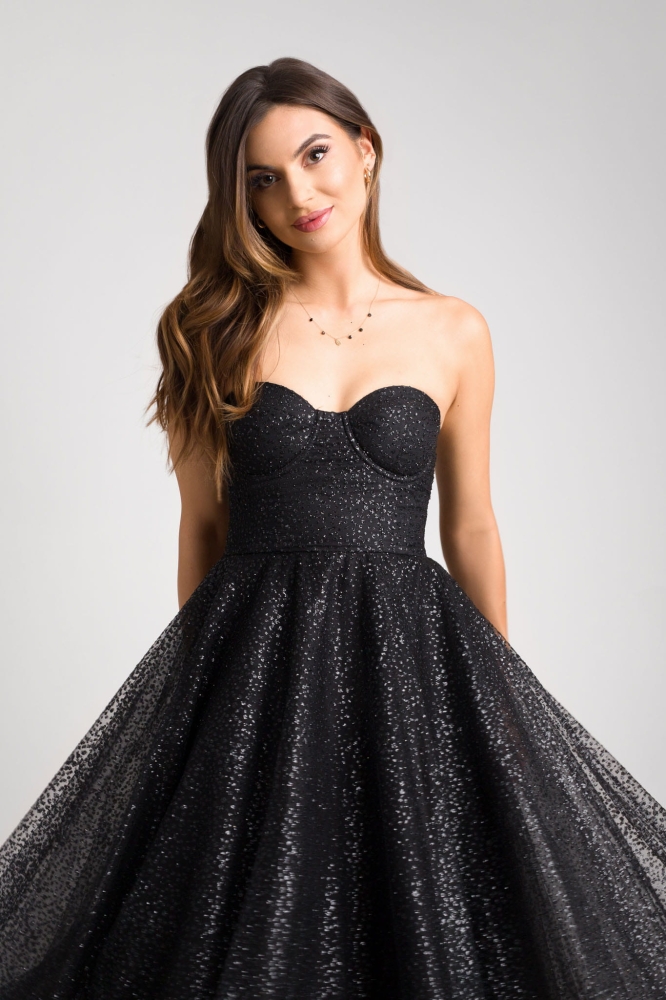 Czarna połyskująca sukienka midi na gorsecie Glamour BLACK by Swing