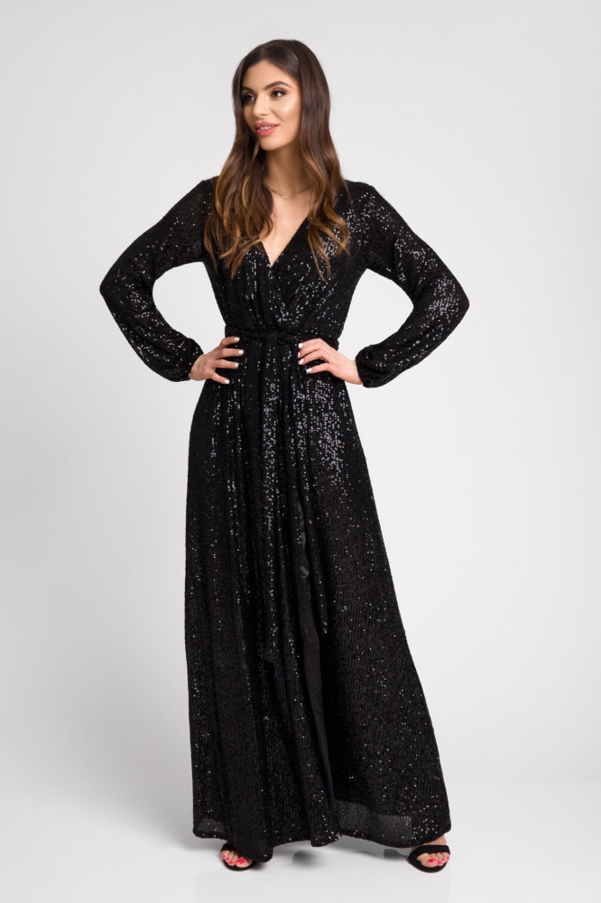Długa cekinowa sukienka z dekoltem Jullia by Swing czarna