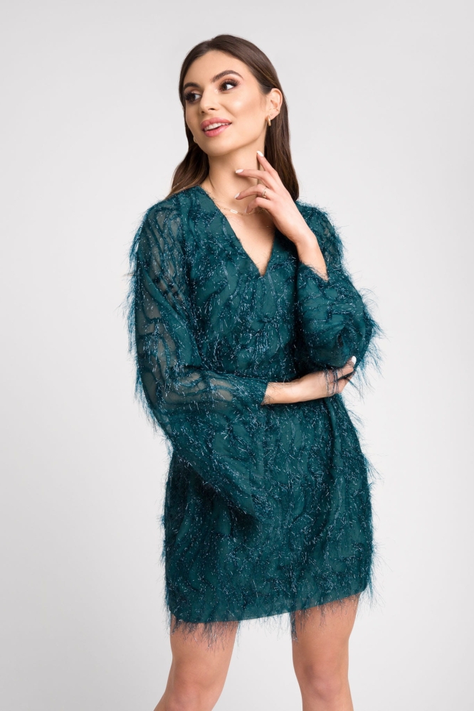 Butelkowa sukienka mini z piórami i szerokim rękawem Paloma by Swing