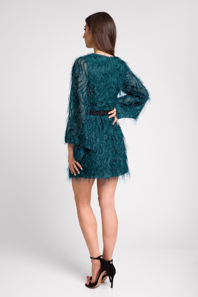 Butelkowa sukienka mini z piórami i szerokim rękawem Paloma by Swing