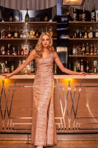 Long evening glitter dress with a slit Ellie by Swing
