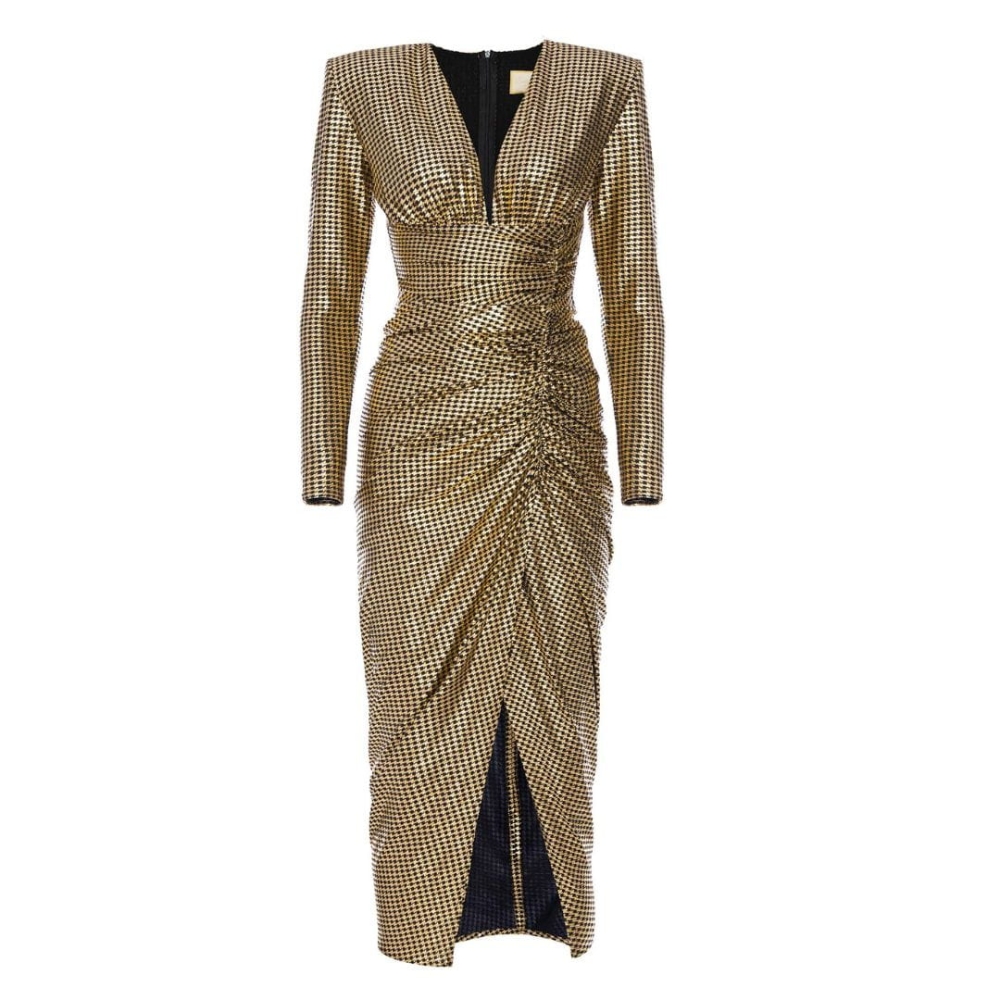 Zjawiskowa dopasowana sukienka midi w złotą pepitkę Nicol by Swing