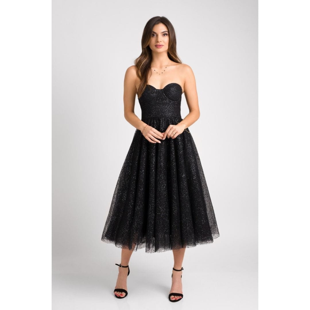 Czarna połyskująca sukienka midi na gorsecie Glamour BLACK by Swing bez ramiączek rozkloszowana tiulowa