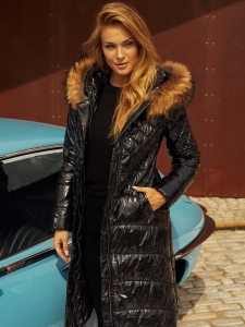Black quilted knee-length coat jacket with fur at the hood
