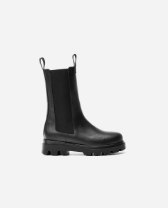 Black leather mid-calf boots with elastic band