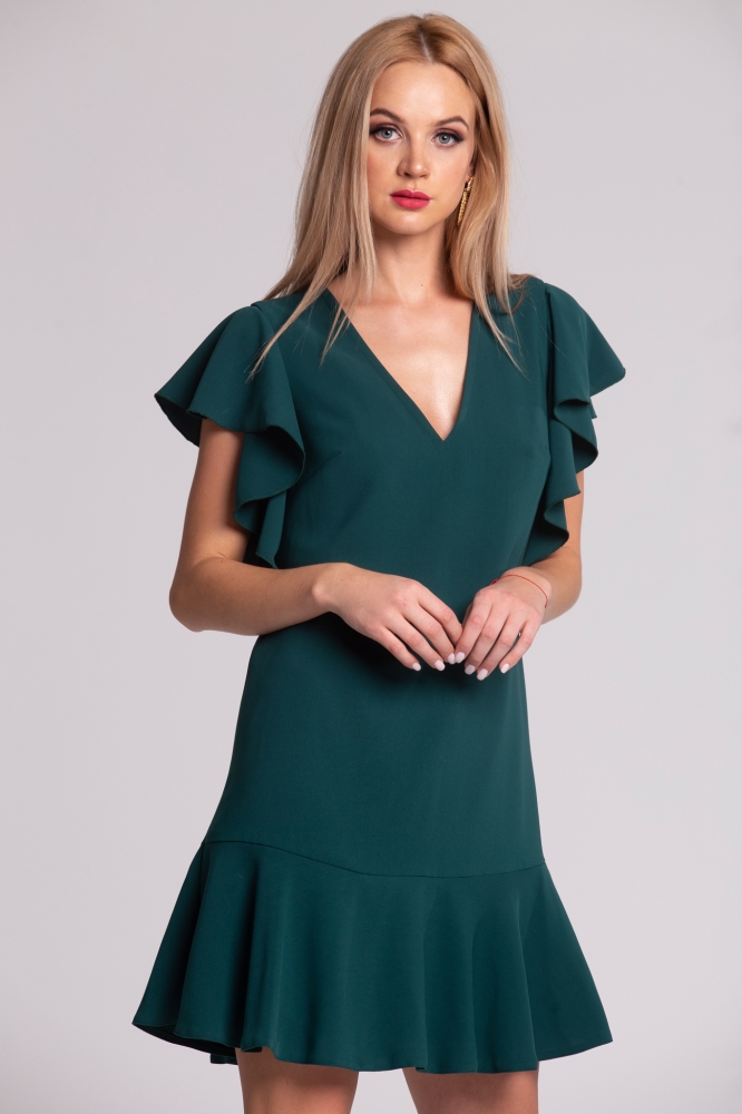 IMG_9023.jpgCiemno zielona sukienka koktajlowa MEGAN z falbaną SWING butelkowa zielen