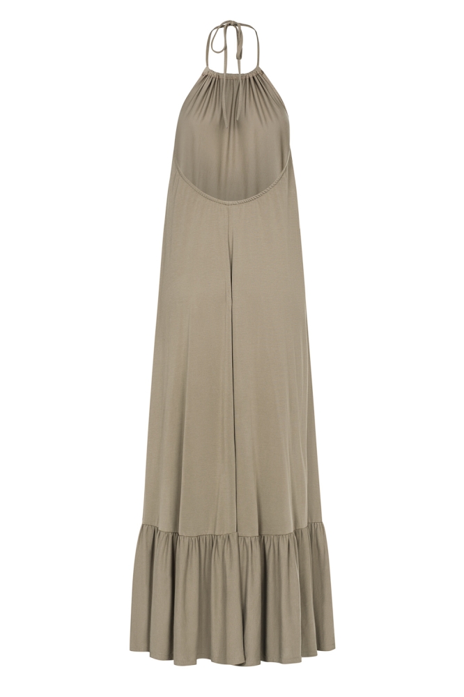 Długa oliwkowa sukienka wiązana na szyi