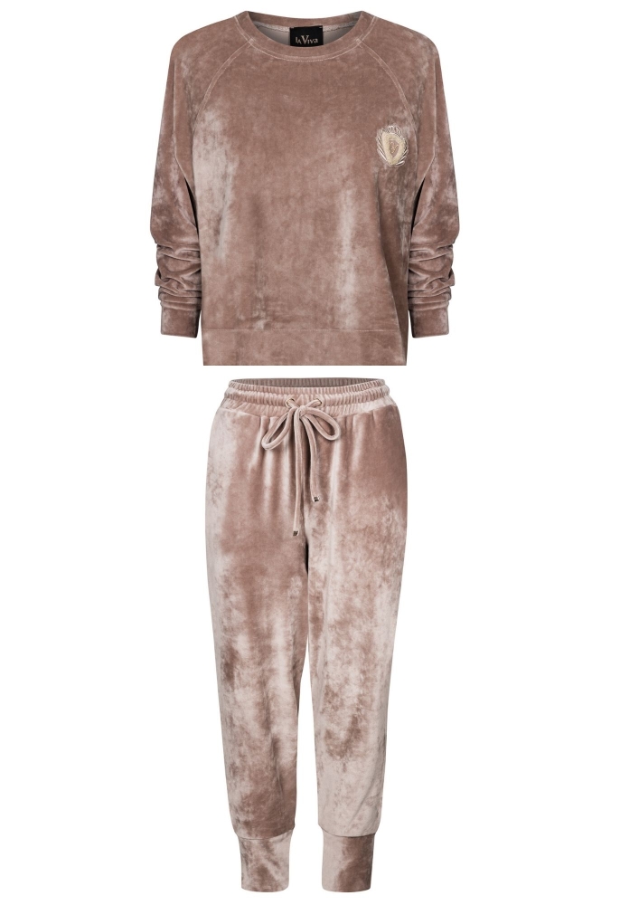 Welurowy komplet dresowy spodnie + bluza szampański beż