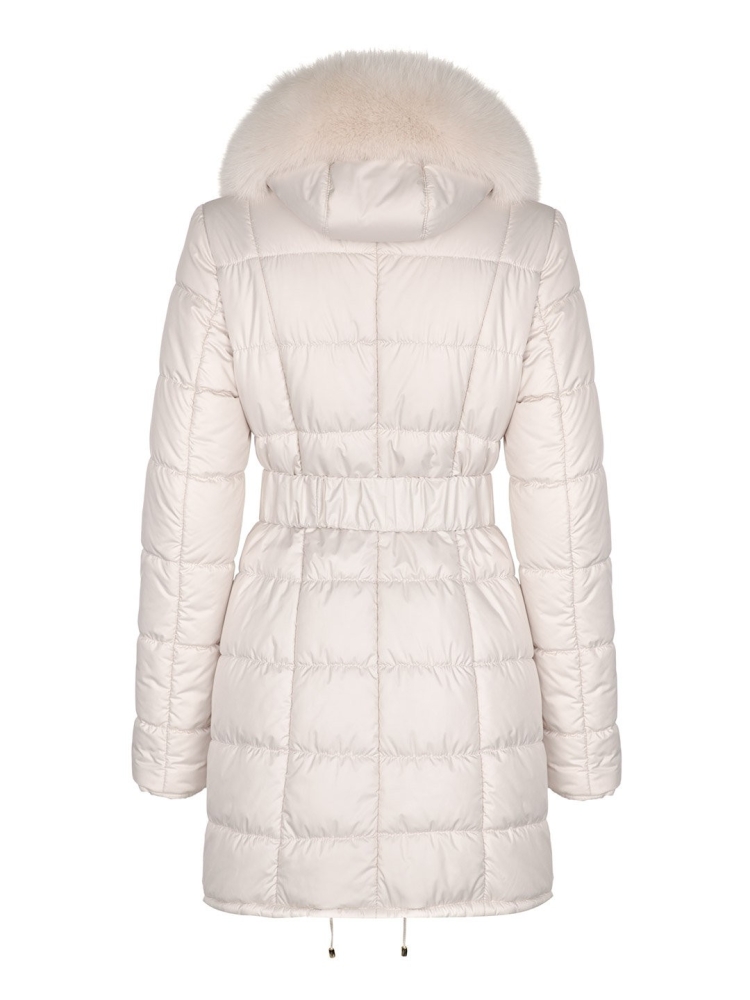 Beżowa ocieplana kurtka z futrzanym obszyciem kaptura