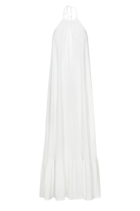 Long white dress tied at the neck