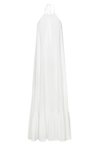 Long white dress tied at the neck