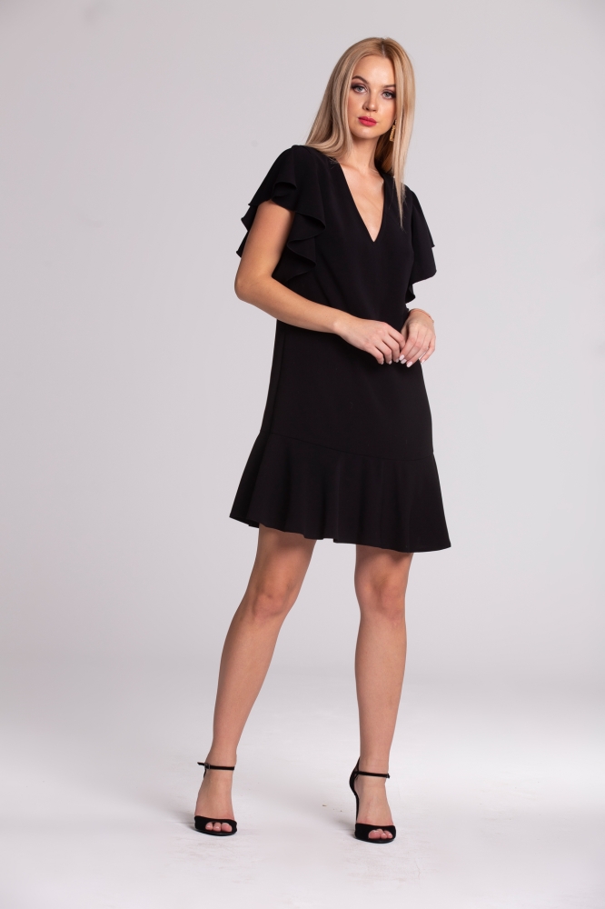 Czarna sukienka koktajlowa MEGAN z falbaną SWING