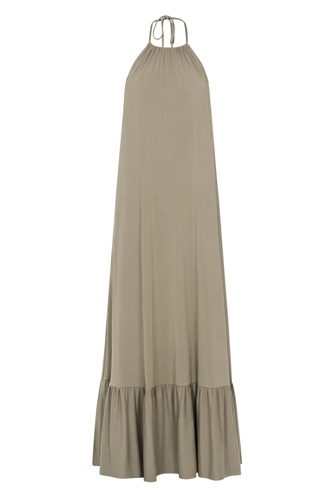 Długa oliwkowa sukienka wiązana na szyi