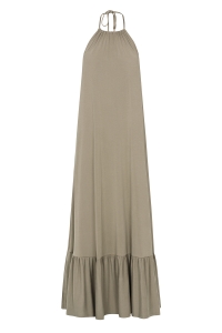 Long olive green dress tied at the neck