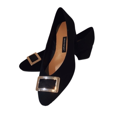 Black suede pumps with gold buckle low heel