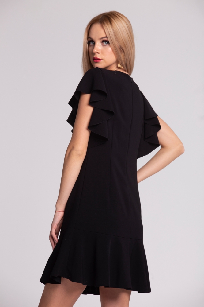 Czarna sukienka koktajlowa MEGAN z falbaną SWING