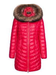 Red quilted jacket with natural fur on the hood
